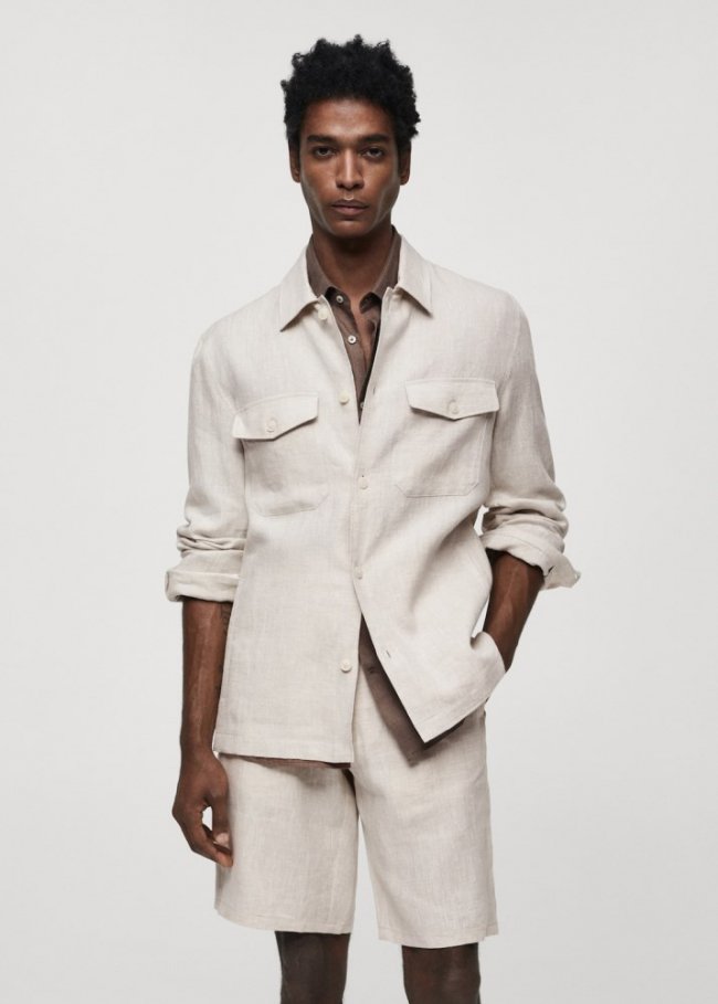 Mango Sobrecamisa 100% lino bolsillos - Crudo