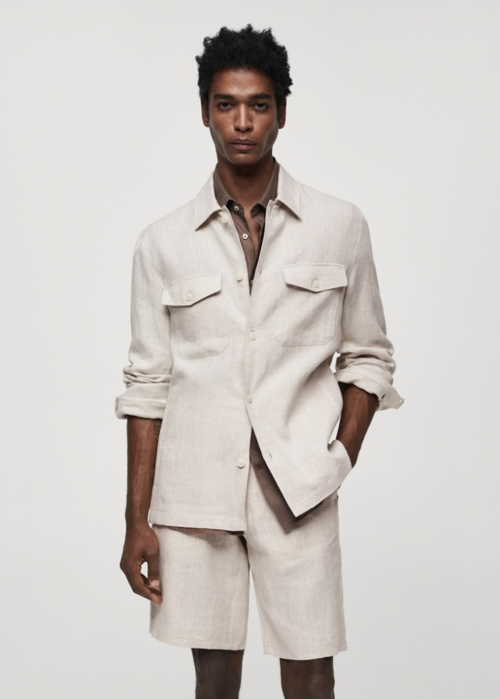 Mango Sobrecamisa 100% lino bolsillos - Crudo
