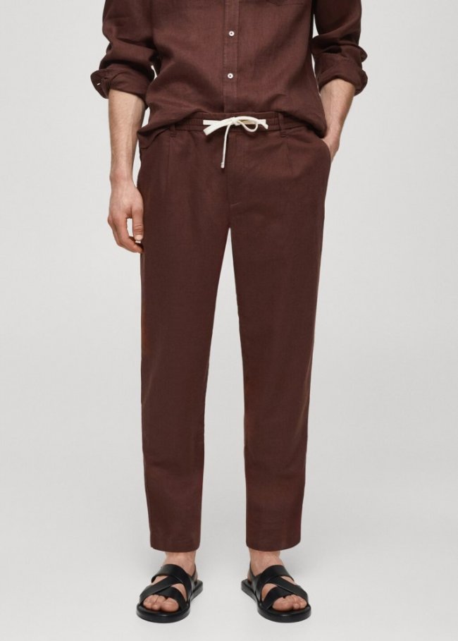 Mango Pantalón slim fit lino cordón - Burdeos