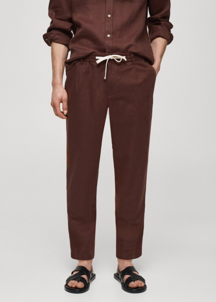 Mango Pantalón slim fit lino cordón - Burdeos
