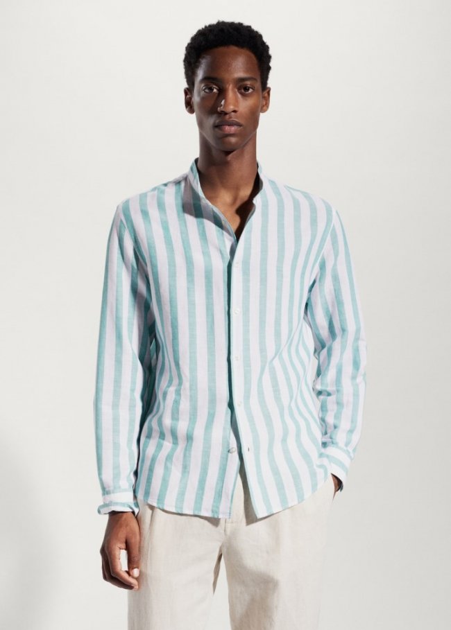 Mango Camisa regular fit lino rayas - Verde agua