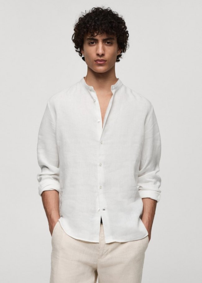 Mango Camisa 100% lino cuello mao - Blanco