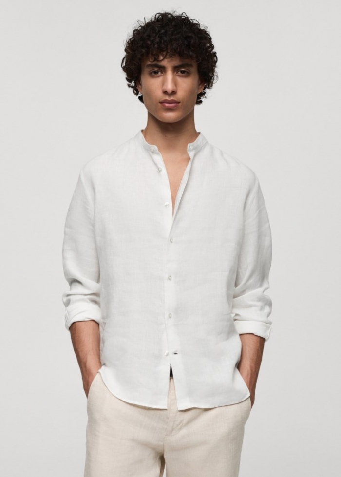 Mango Camisa 100% lino cuello mao - Blanco