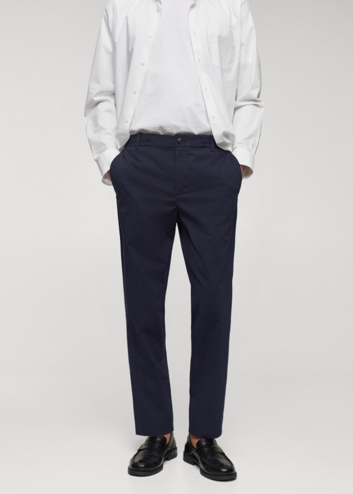 Mango Pantalón algodón seersucker cordón - Azul marino oscuro
