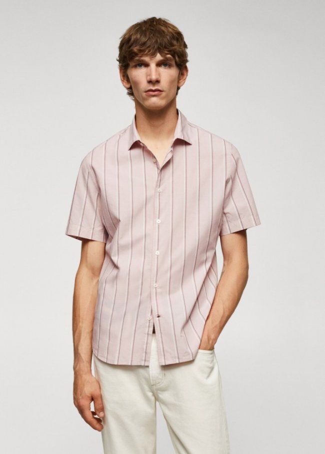 Mango Camisa algodón ligero rayas - Rosa pastel