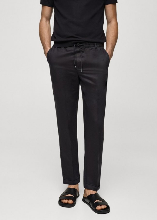 Mango Pantalón lino tencel cordón - Gris medio