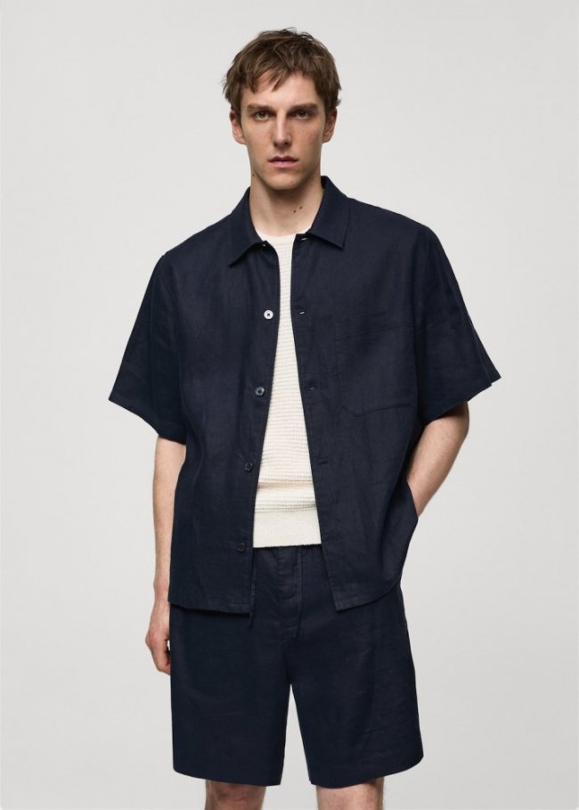 Mango Camisa regular fit 100% lino bolsillo - Azul marino oscuro