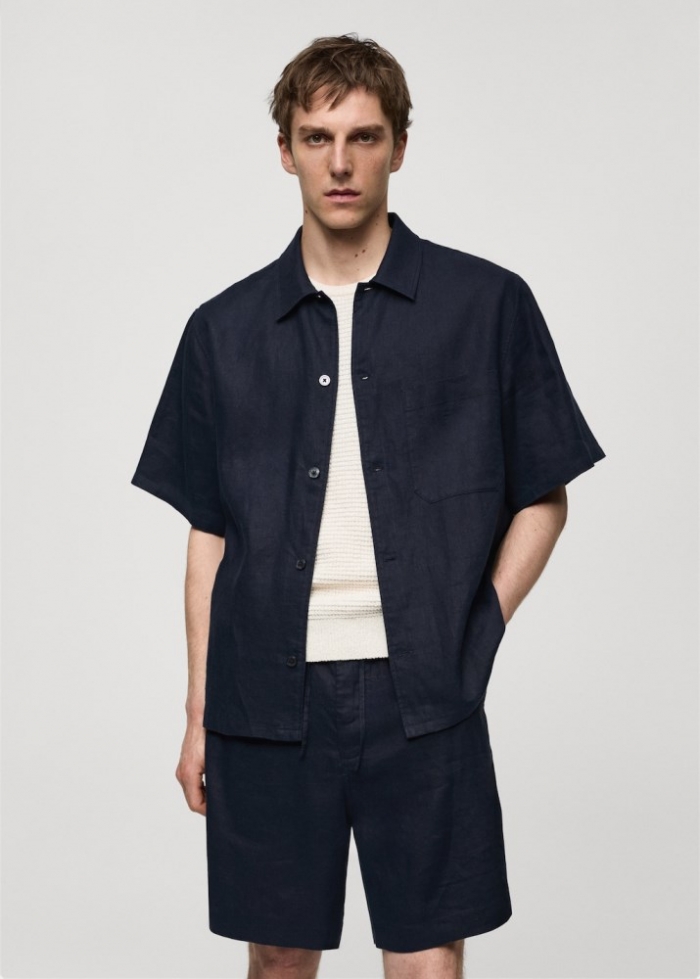 Mango Camisa regular fit 100% lino bolsillo - Azul marino oscuro