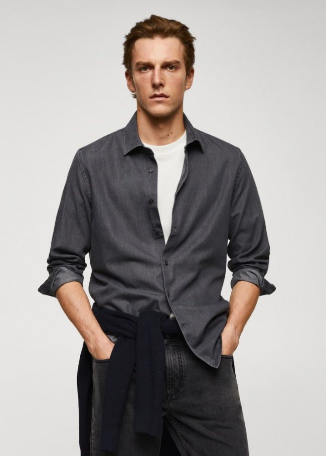 Mango Camisa slim fit chambray algodón - Gris