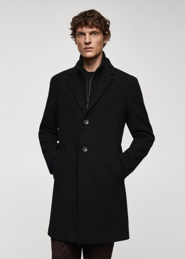 Mango Abrigo lana cuello desmontable - Negro