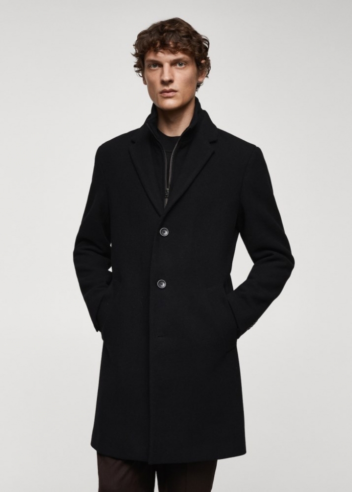 Mango Abrigo lana cuello desmontable - Negro