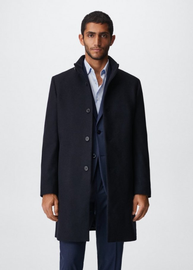 Mango Abrigo lana cuello chimenea - Azul marino