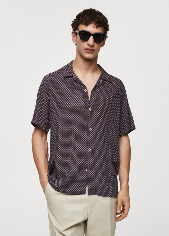 Mango Camisa manga corta regular fit estampado - Burdeos