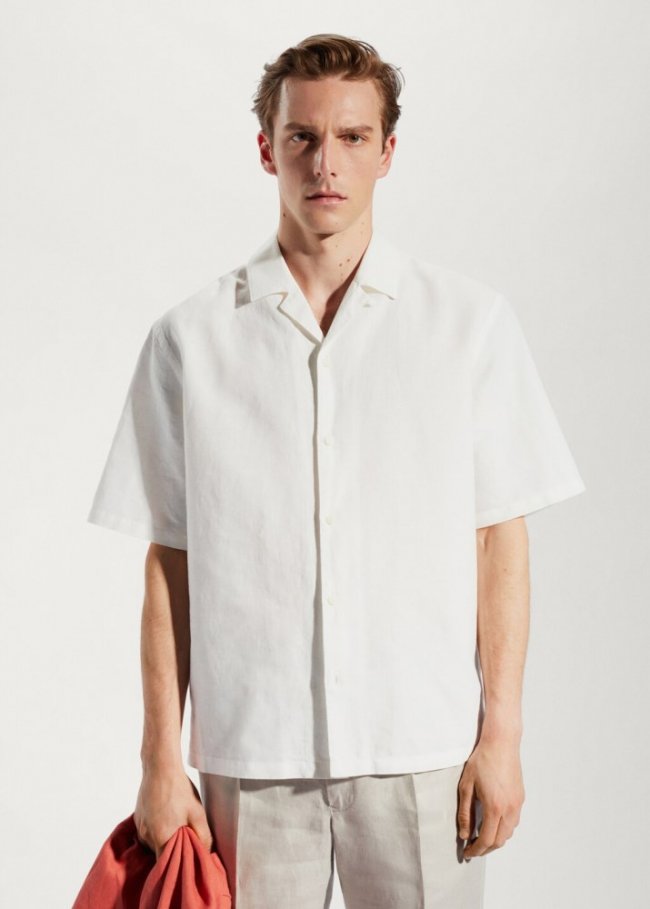 Mango Camisa algodón-lino cuello bowling - Blanco