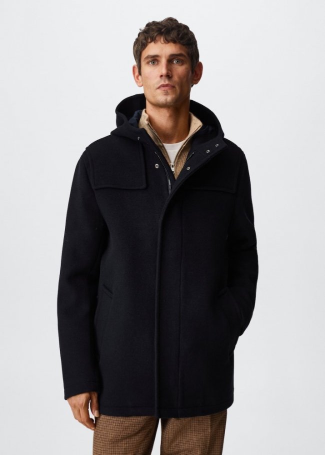 Mango Chaquetón lana capucha - Azul marino