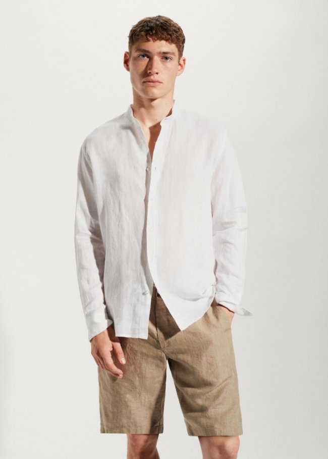Mango Camisa 100% lino cuello mao - Blanco