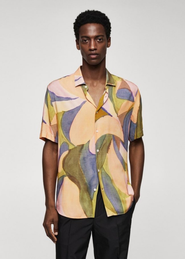 Mango Camisa manga corta estampada - Naranja