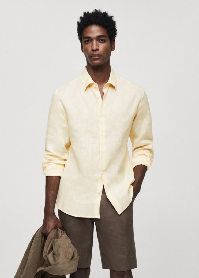 Mango Camisa regular fit 100% lino - Amarillo