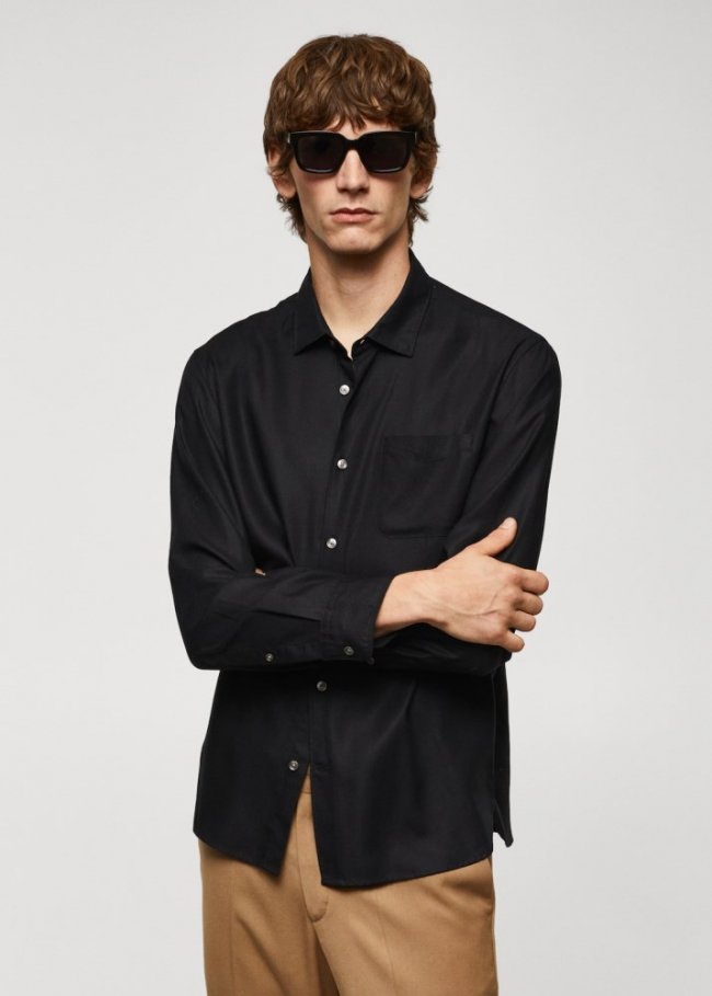 Mango Camisa 100% tencel bolsillo - Negro