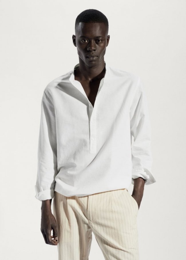 Mango Camisa lino regular fit cuello mao - Blanco