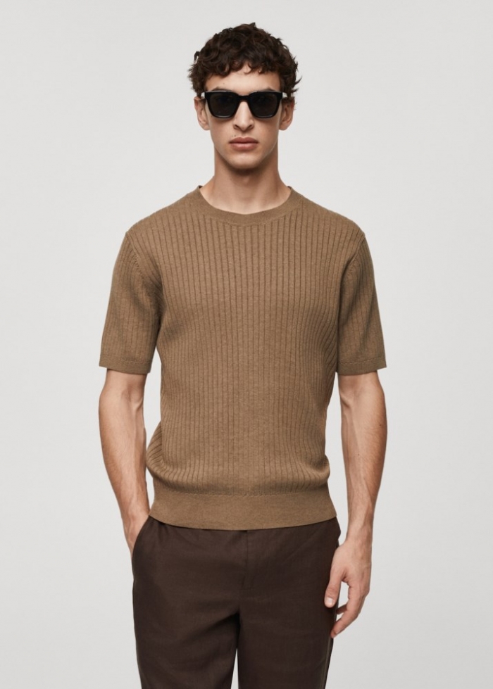 Mango Camiseta algodón canalé - Gris visón