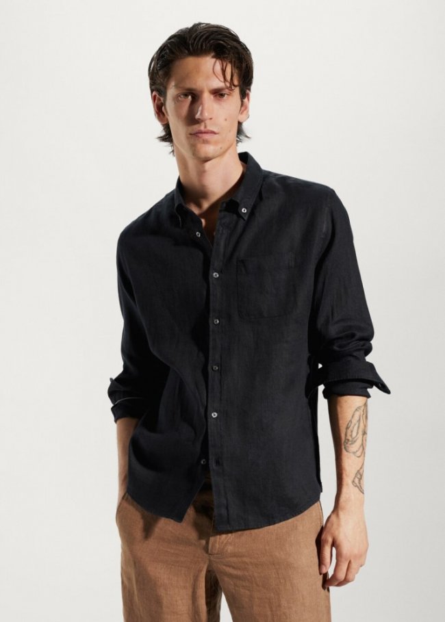 Mango Camisa slim fit 100% lino - Negro
