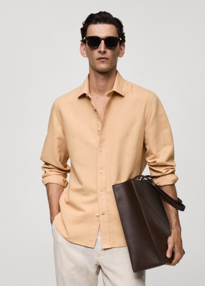 Mango Camisa classic fit lino - Melocotón