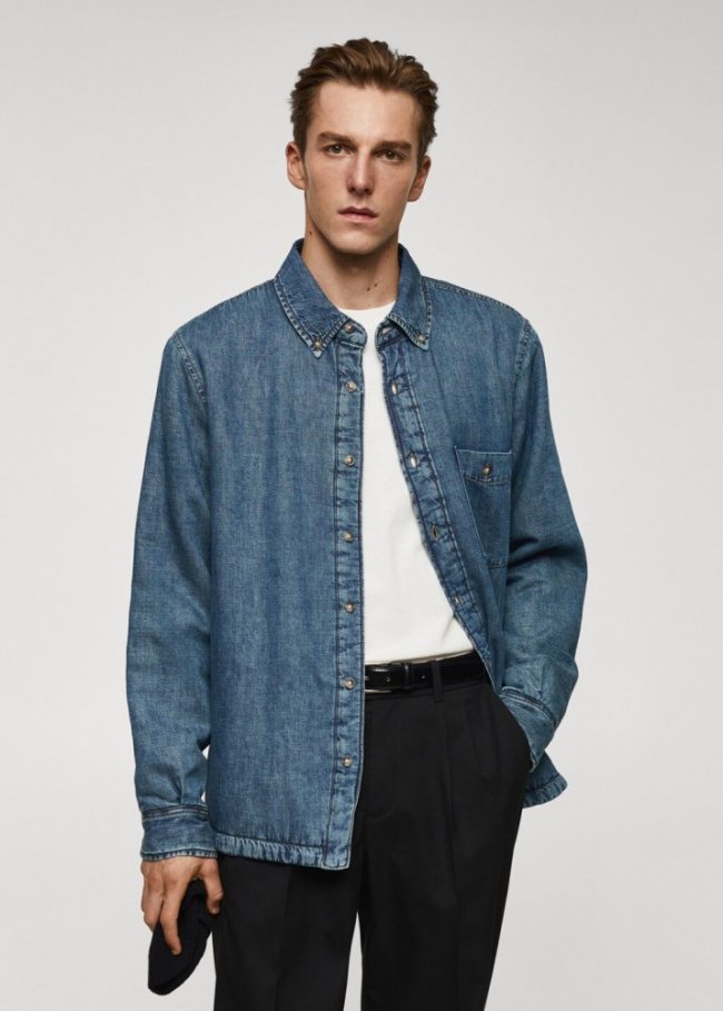 Mango Sobrecamisa denim acolchada - Azul medio vintage