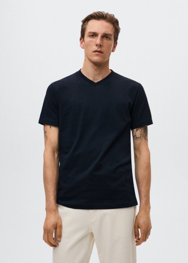 Mango Camiseta básica cuello pico - Azul marino oscuro