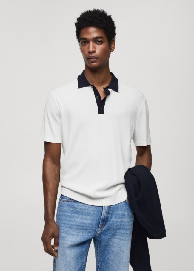 Mango Polo punto cuello contraste - Blanco