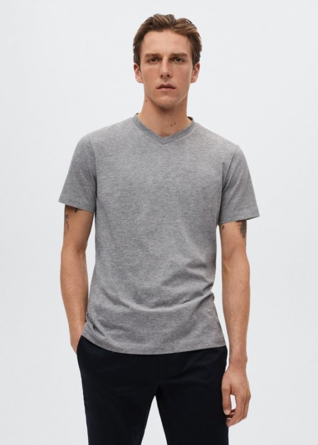 Mango Camiseta básica cuello pico - Gris medio vigoré