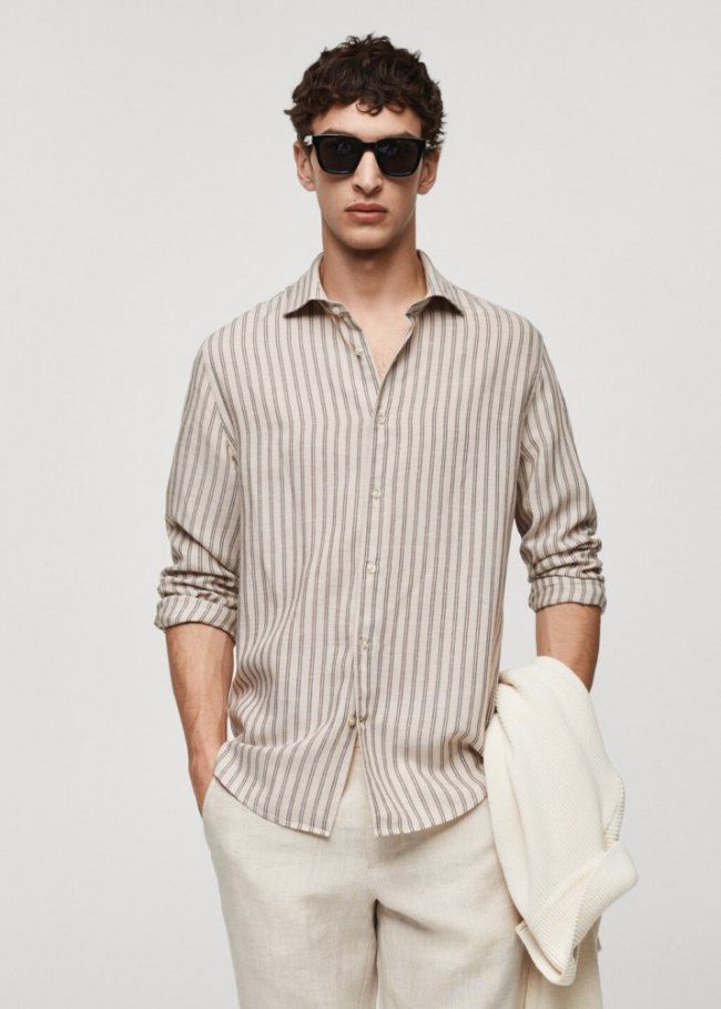 Mango Camisa rayas mezcla tencel lino - Beige