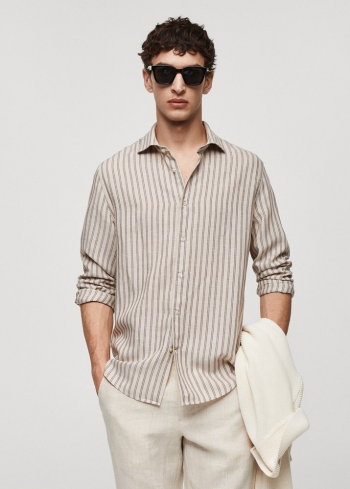 Mango Camisa rayas mezcla tencel lino - Beige