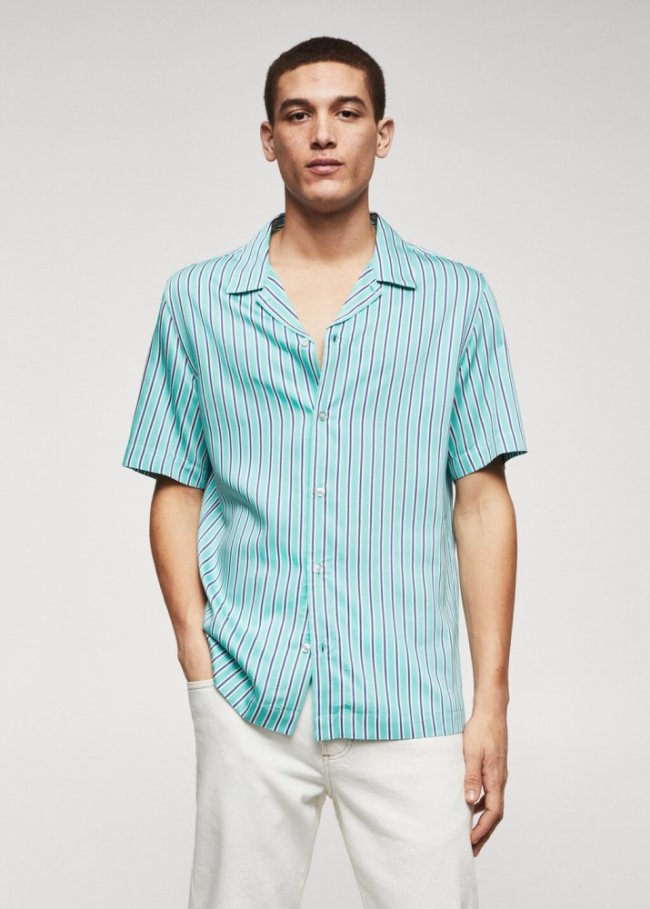 Mango Camisa bowling regular fit rayas - Verde agua