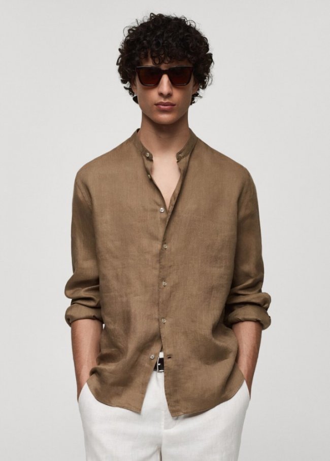 Mango Camisa 100% lino cuello mao - Beige