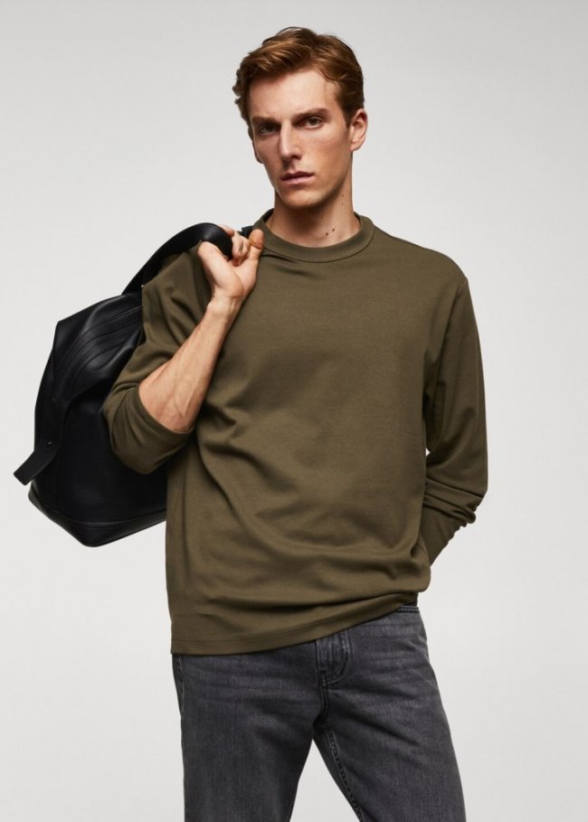 Mango Camiseta 100% algodón manga larga - Khaki