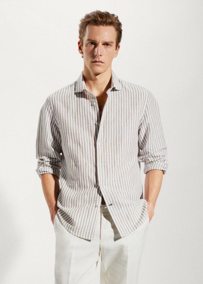 Mango Camisa slim fit lino rayas - Khaki