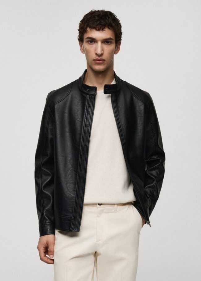 Mango Cazadora efecto piel cremallera - Negro