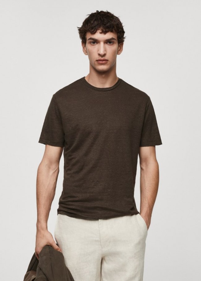 Mango Camiseta slim fit 100% lino - Marrón