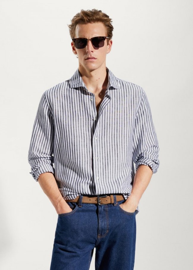 Mango Camisa slim fit lino rayas - Azul marino