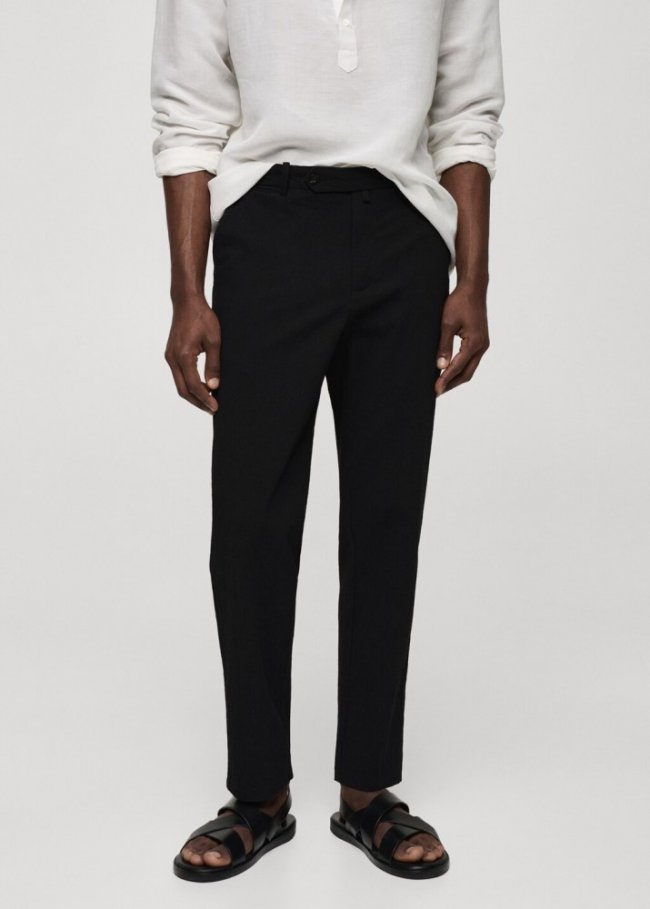 Mango Pantalón algodón seersucker - Negro