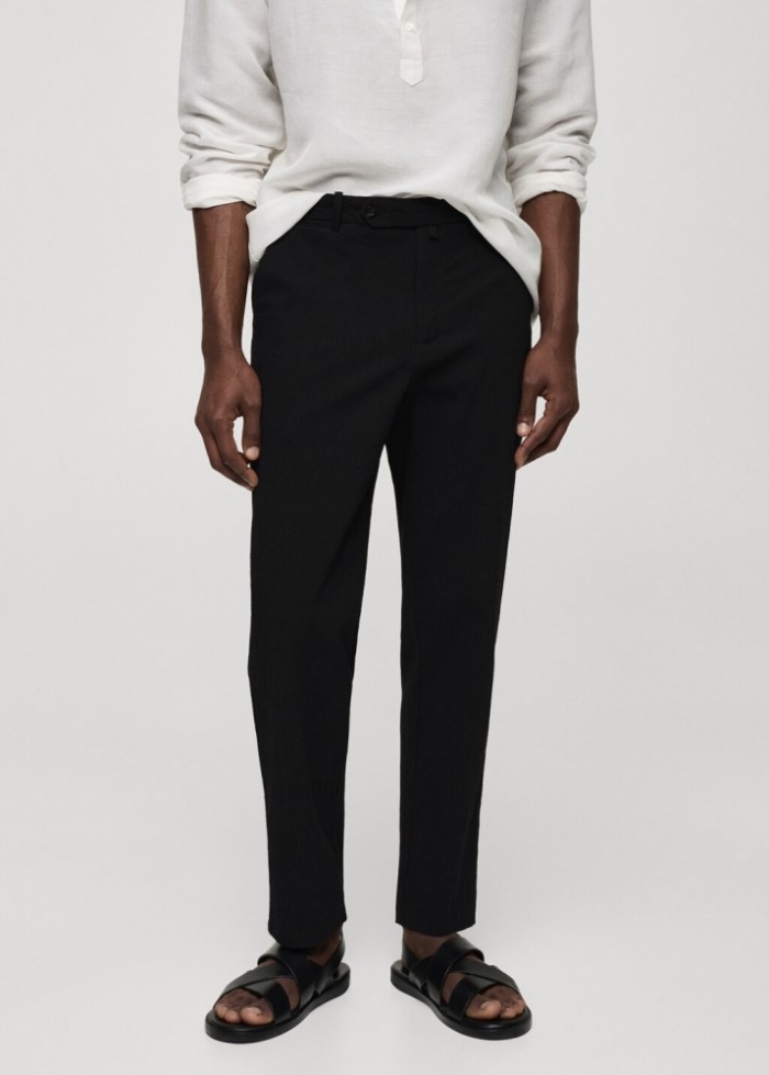 Mango Pantalón algodón seersucker - Negro