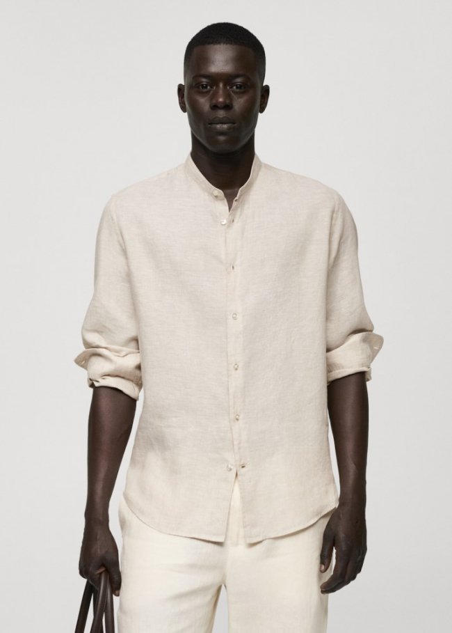Mango Camisa 100% lino cuello mao - Arena