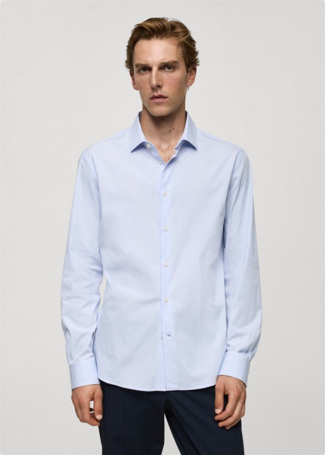 Mango Camisa slim fit algodón mil rayas - Azul celeste