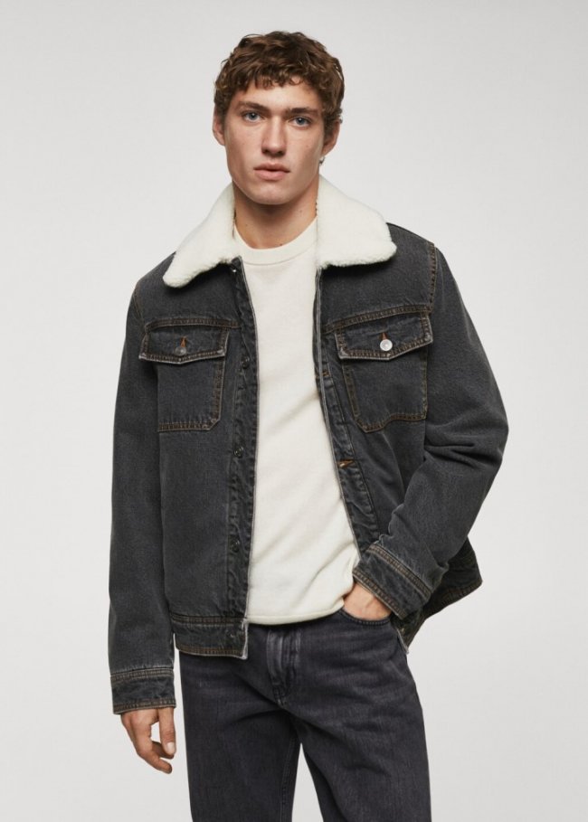 Mango Chaqueta denim borreguito - Gris oscuro