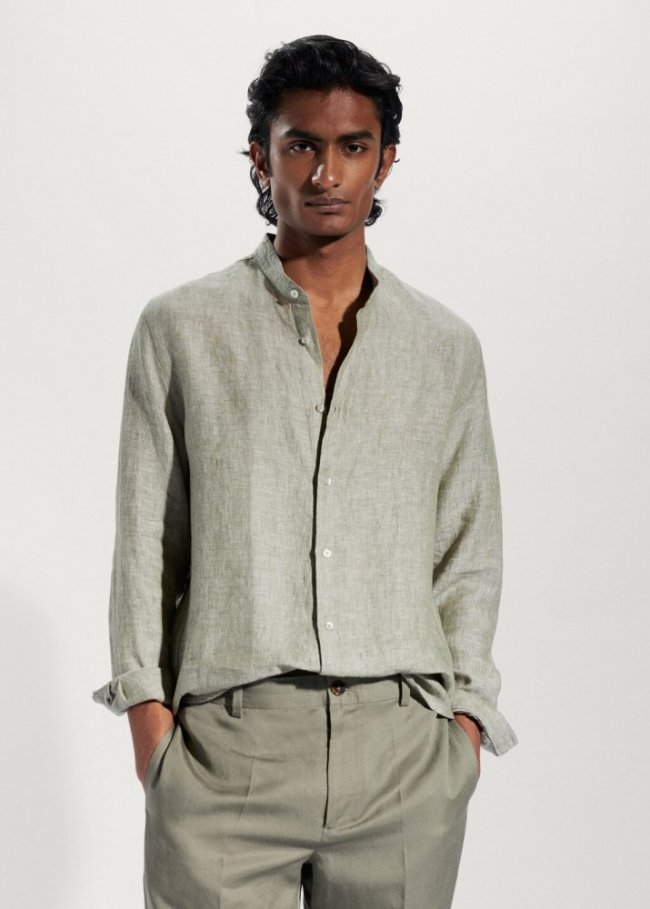 Mango Camisa 100% lino cuello mao - Khaki