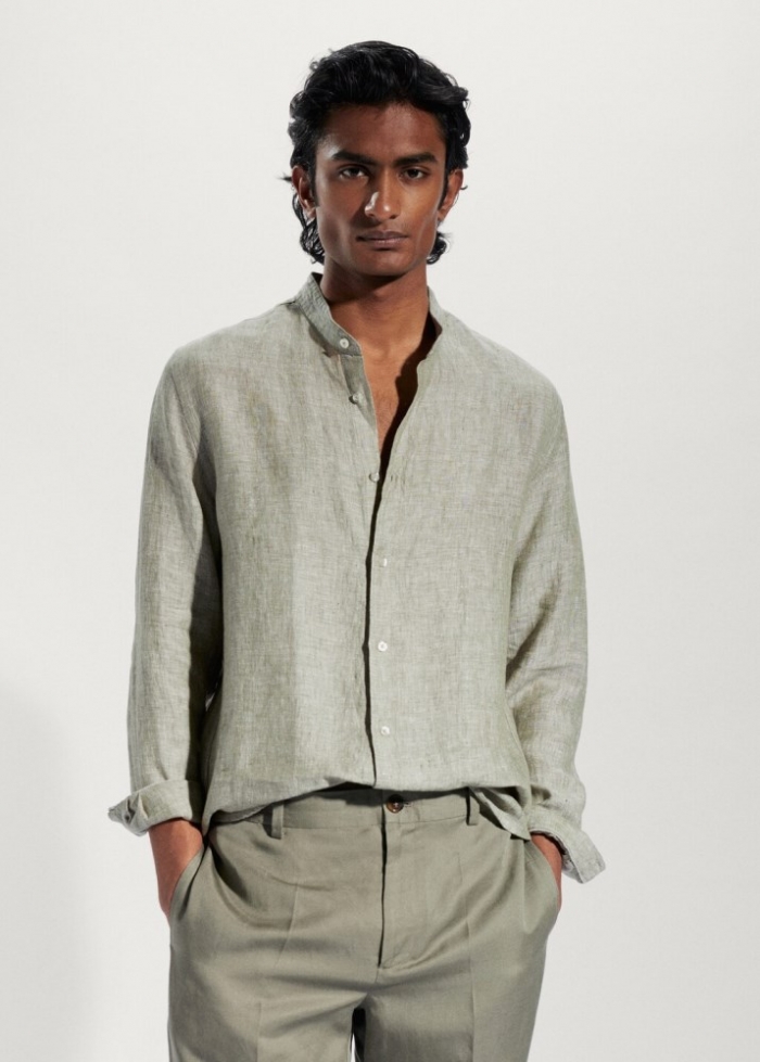Mango Camisa 100% lino cuello mao - Khaki
