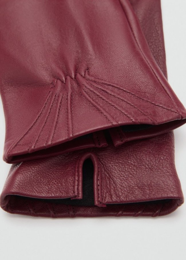 Mango Guantes piel detalle fruncido - Burdeos