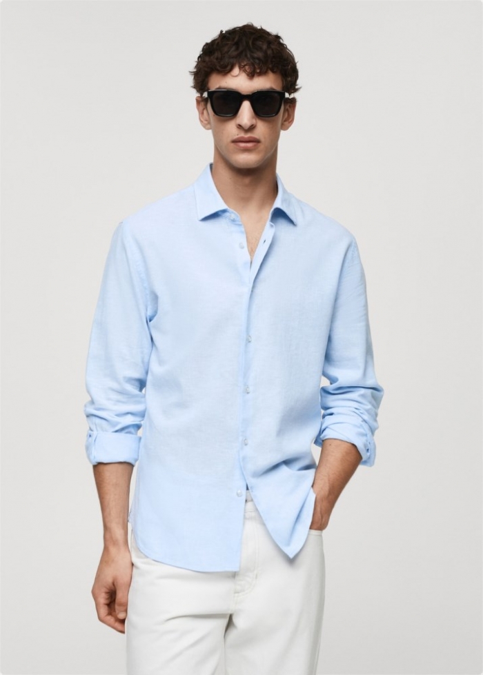 Mango Camisa regular fit lino rayas - Azul celeste