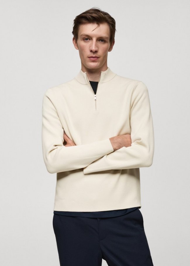 Mango Jersey punto medio cuello perkins cremallera - Blanco marfil